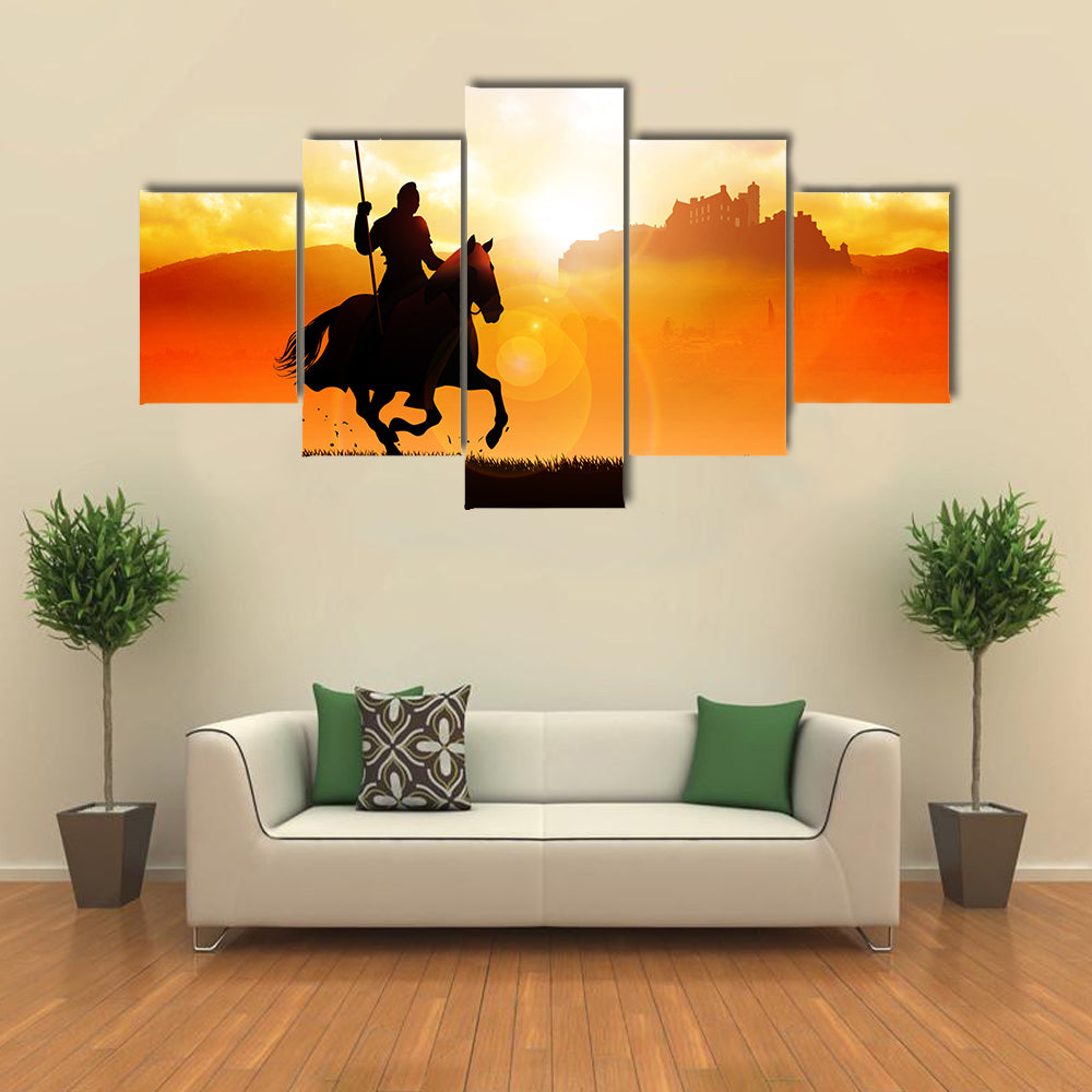 Silhouette of a medieval knight on horse carrying a flag on dramatic scene multi panel canvas wall art