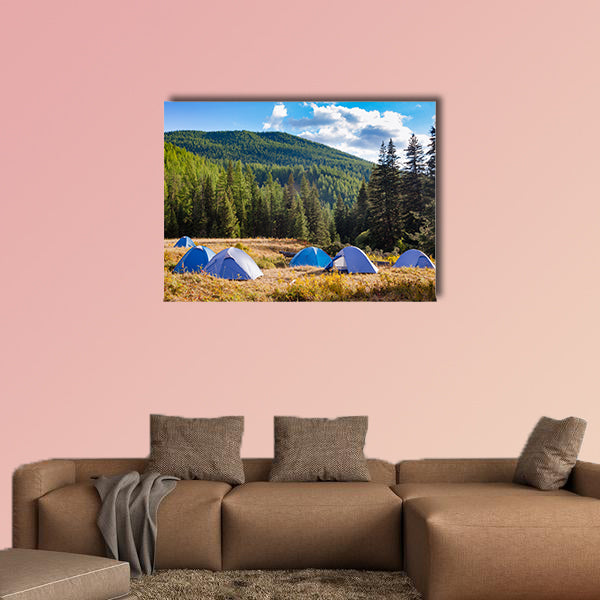 Camping tents on a river shore in wild camping, Altai Mountains wall art