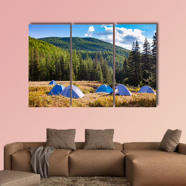 Camping tents on a river shore in wild camping, Altai Mountains wall art