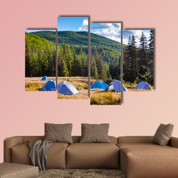 Camping tents on a river shore in wild camping, Altai Mountains wall art