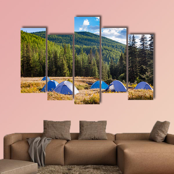 Camping tents on a river shore in wild camping, Altai Mountains wall art