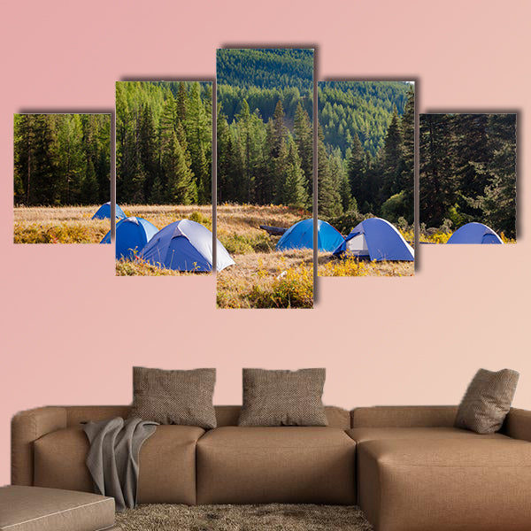 Camping tents on a river shore in wild camping, Altai Mountains wall art