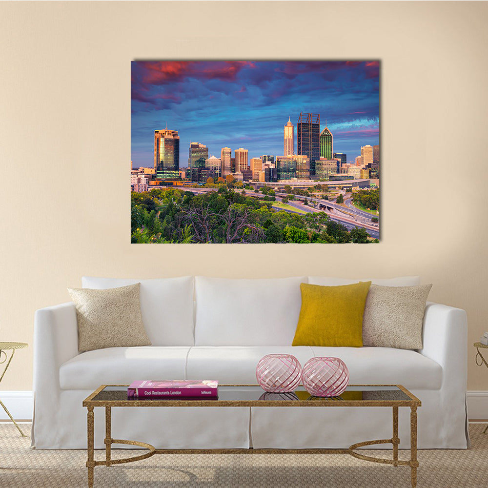The Cityscape art of Perth skyline, Australia during sunset multi panel canvas wall art