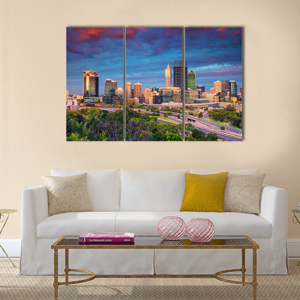The Cityscape art of Perth skyline, Australia during sunset multi panel canvas wall art