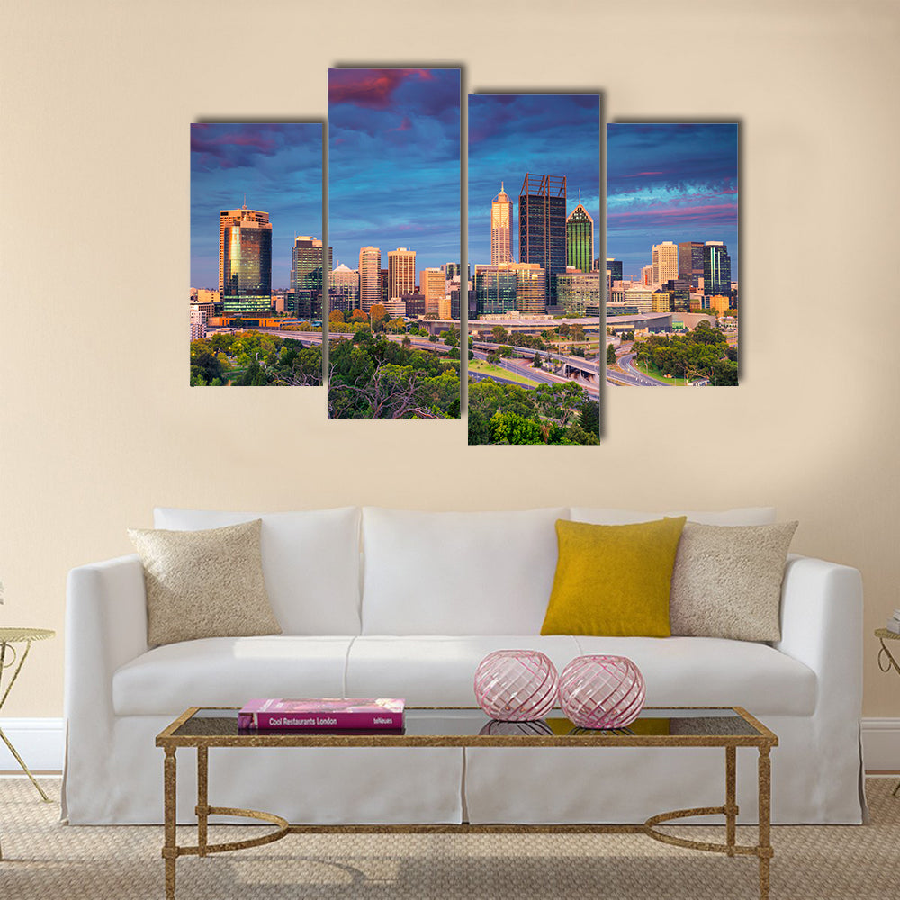 The Cityscape art of Perth skyline, Australia during sunset multi panel canvas wall art