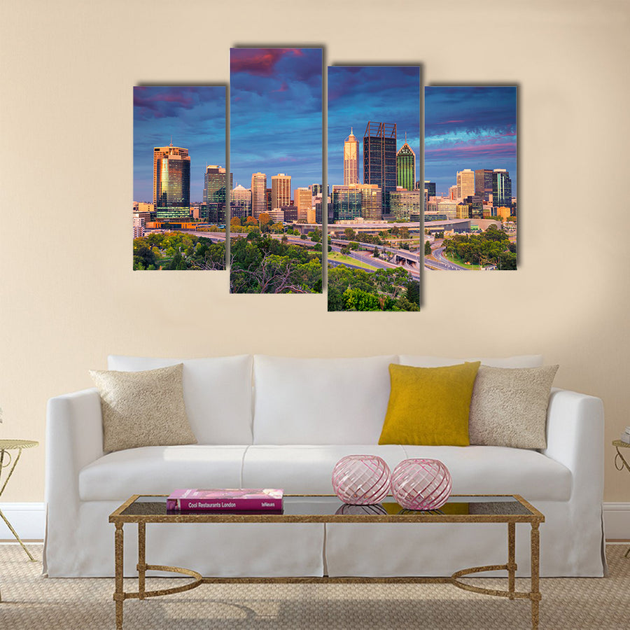 The Cityscape art of Perth skyline, Australia during sunset multi panel canvas wall art