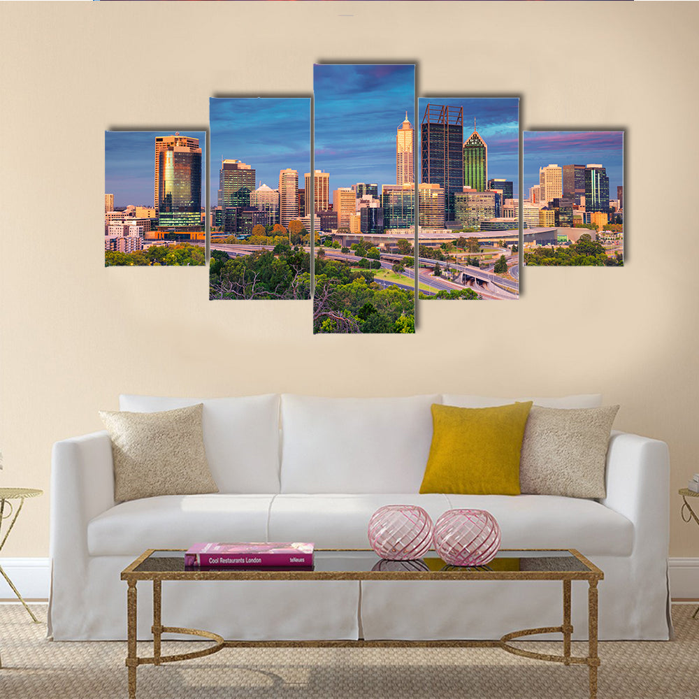 The Cityscape art of Perth skyline, Australia during sunset multi panel canvas wall art