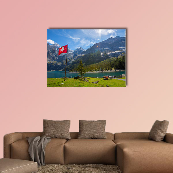 The panorama in summer view over the Oeschinensee (Oeschinen Lake) multi panel canvas wall art
