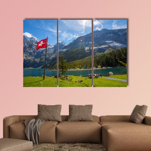 The panorama in summer view over the Oeschinensee (Oeschinen Lake) multi panel canvas wall art