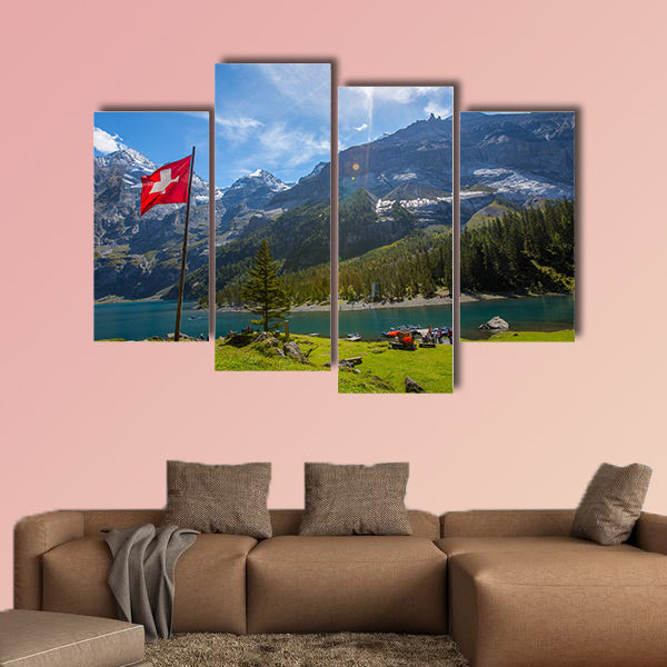 The panorama in summer view over the Oeschinensee (Oeschinen Lake) multi panel canvas wall art