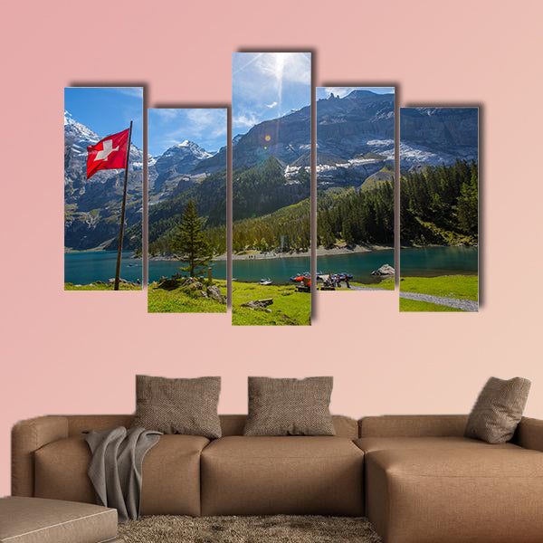 The panorama in summer view over the Oeschinensee (Oeschinen Lake) multi panel canvas wall art