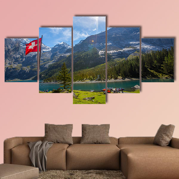 The panorama in summer view over the Oeschinensee (Oeschinen Lake) multi panel canvas wall art