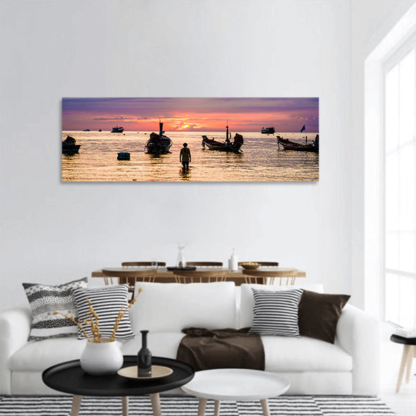 Silhouette sunset with boat on sea beach, seascape Panoramic canvas Wall Art