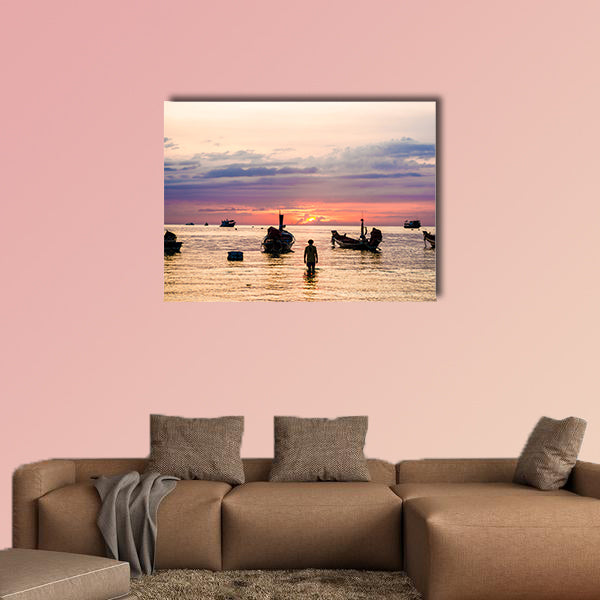 Silhouette sunset with boat on sea beach, Summer seascape wall art