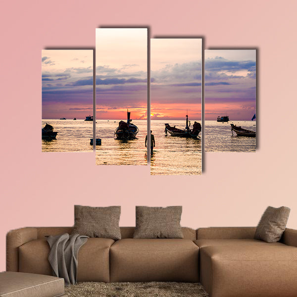 Silhouette sunset with boat on sea beach, Summer seascape wall art