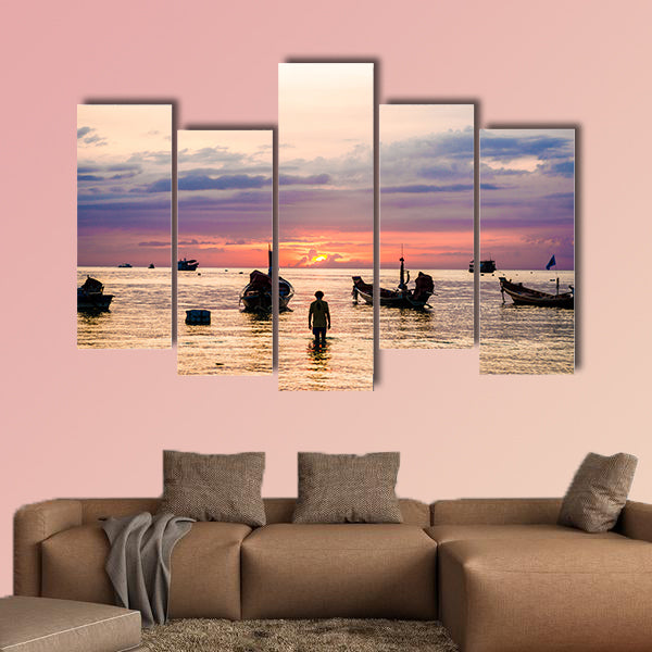Silhouette sunset with boat on sea beach, Summer seascape wall art
