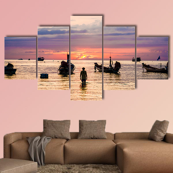 Silhouette sunset with boat on sea beach, Summer seascape wall art