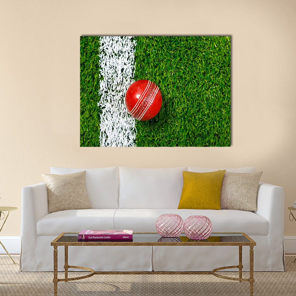 A Cricket ball on a grass next to the white line Multi Multi Panel Canvas Wall art