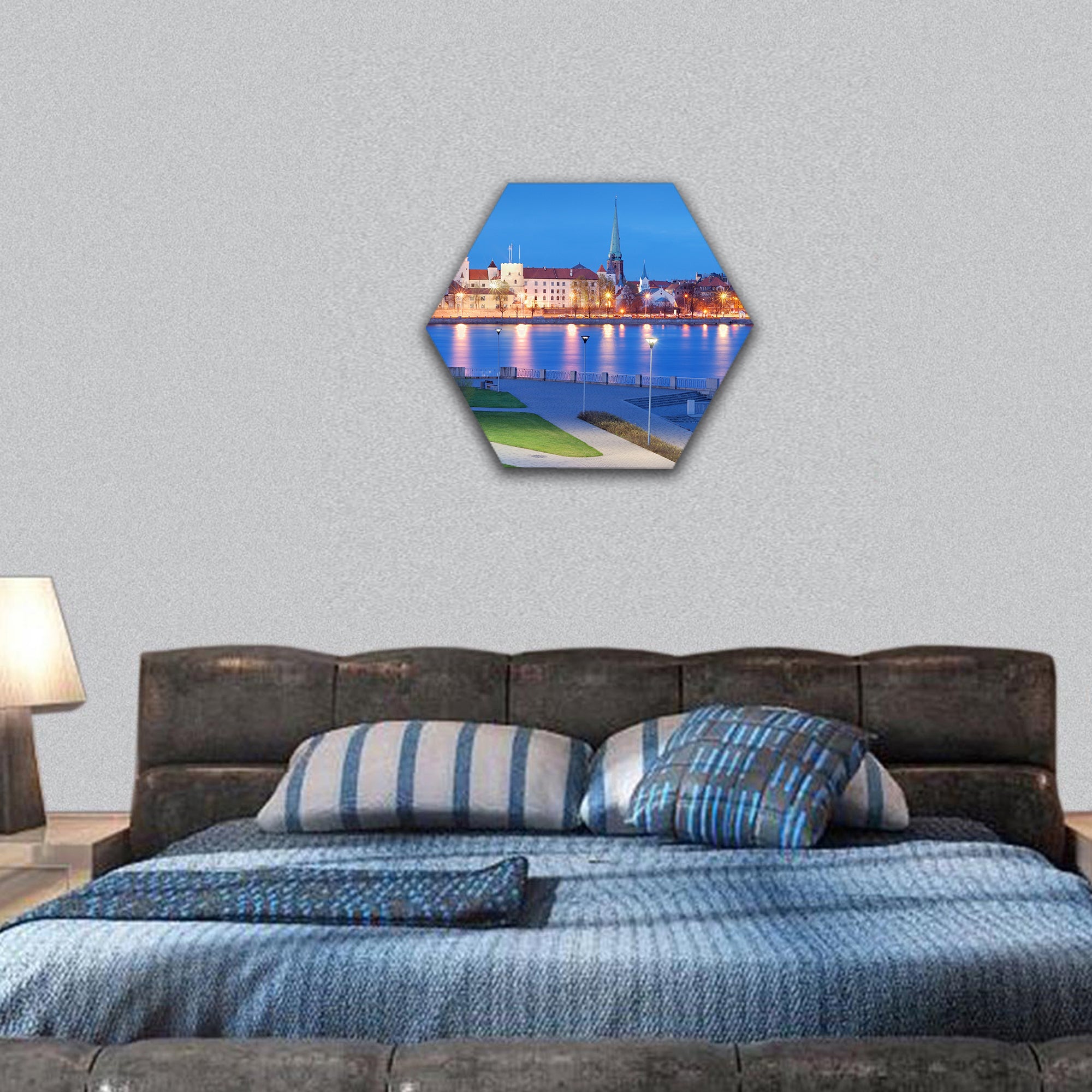 quay of Daugava river in Riga, Latvia hexagonal canvas wall art