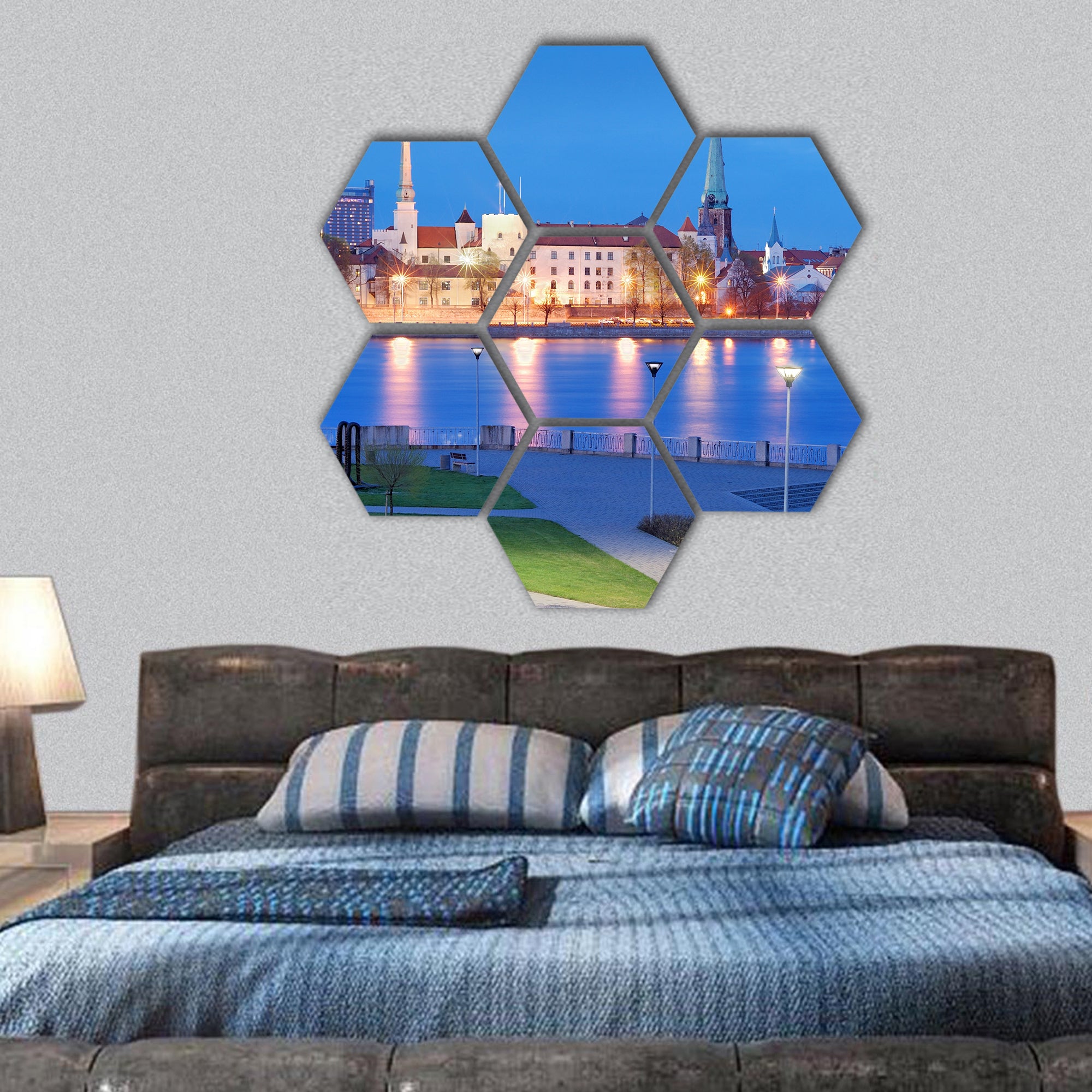 quay of Daugava river in Riga, Latvia hexagonal canvas wall art