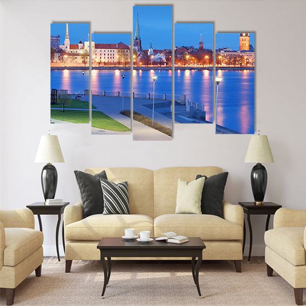 City panorama and quay of Daugava river in Riga Multi panel canvas wall art