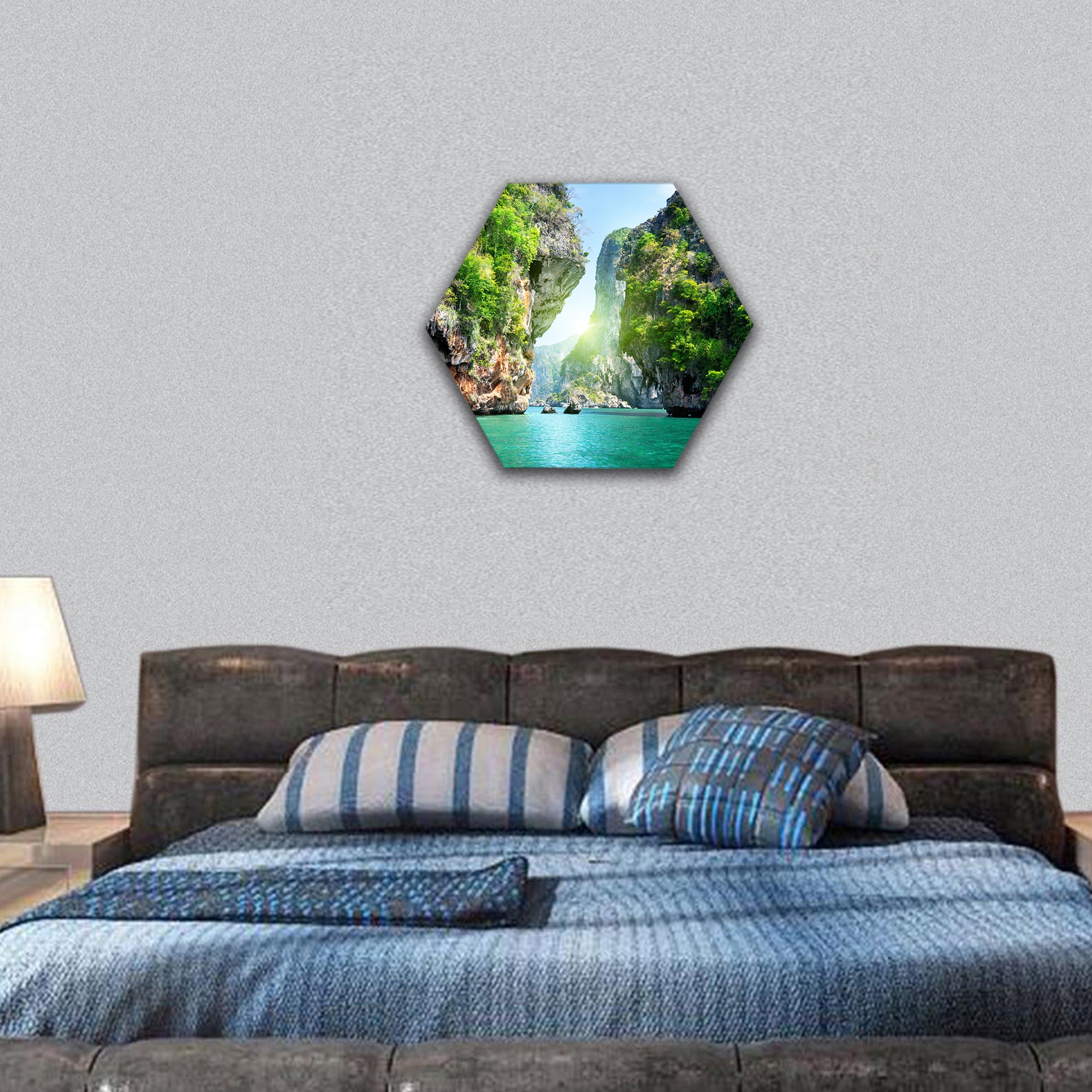 Rocks and sea in Krabi Thailand hexagonal canvas wall art