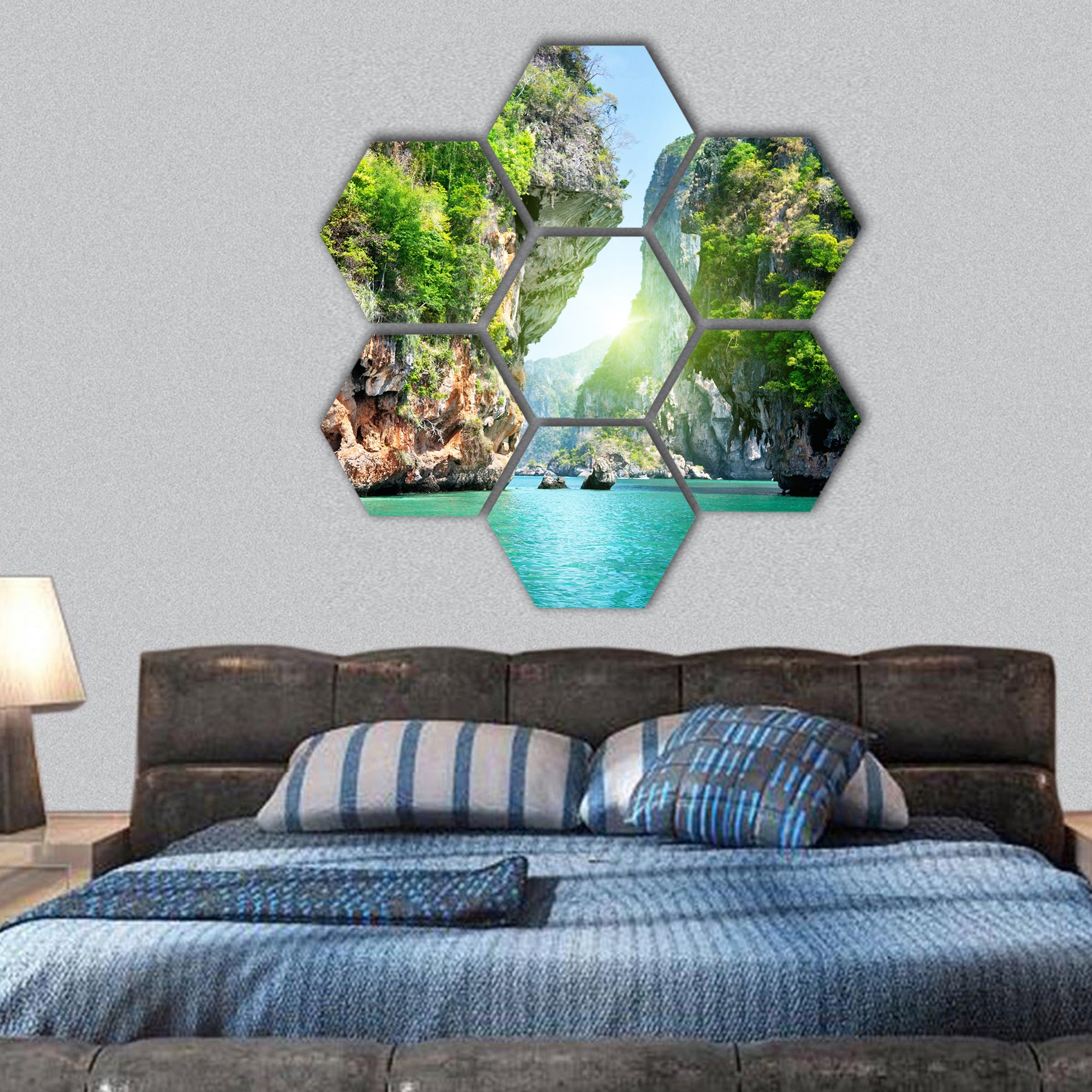 Rocks and sea in Krabi Thailand hexagonal canvas wall art