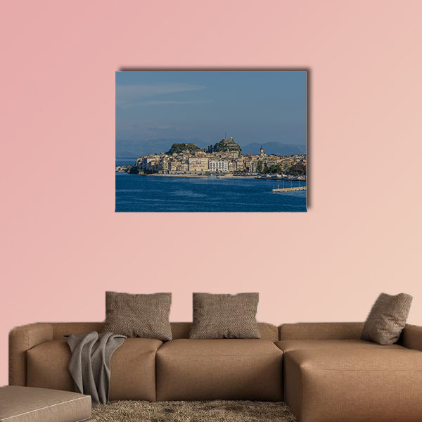 Corfu town by the sea in summer multi panel canvas wall art