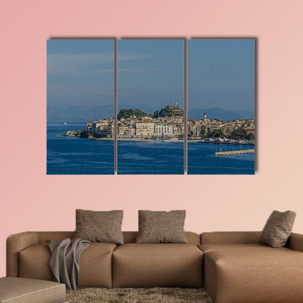 Corfu town by the sea in summer multi panel canvas wall art