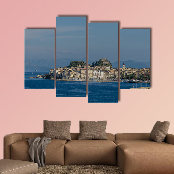 Corfu town by the sea in summer multi panel canvas wall art