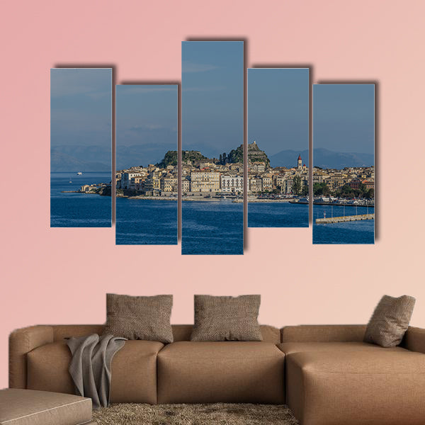 Corfu town by the sea in summer multi panel canvas wall art