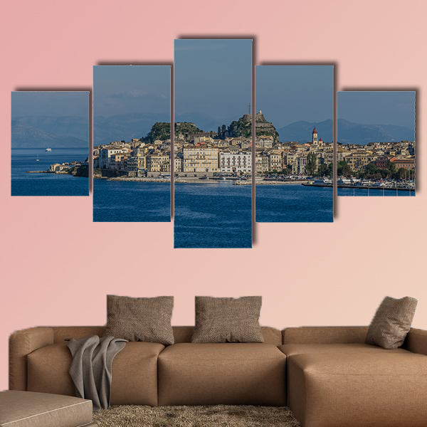 Corfu town by the sea in summer multi panel canvas wall art