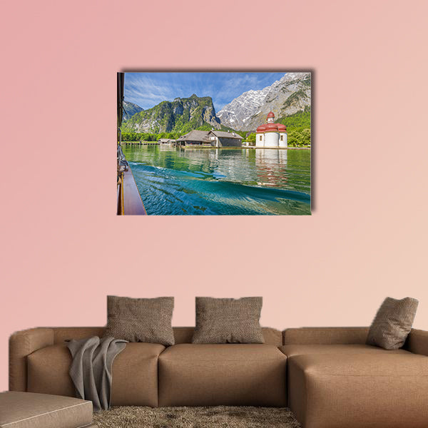 Classic view of traditional passenger boat gliding on Lake Konigssee wall art