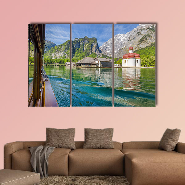 Classic view of traditional passenger boat gliding on Lake Konigssee wall art