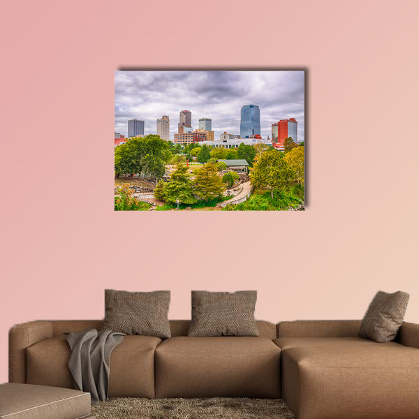 Little Rock city skyline from the Junction Bridge across the Arkansas River multi panel canvas wall art