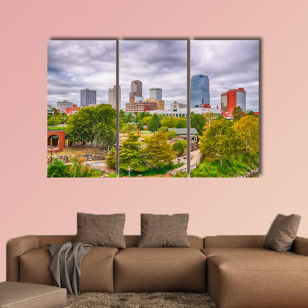 Little Rock city skyline from the Junction Bridge across the Arkansas River multi panel canvas wall art