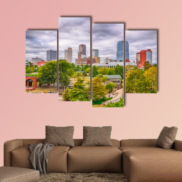 Little Rock city skyline from the Junction Bridge across the Arkansas River multi panel canvas wall art