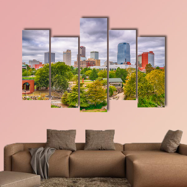 Little Rock city skyline from the Junction Bridge across the Arkansas River multi panel canvas wall art