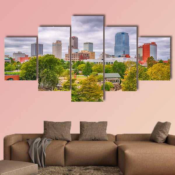 Little Rock city skyline from the Junction Bridge across the Arkansas River multi panel canvas wall art