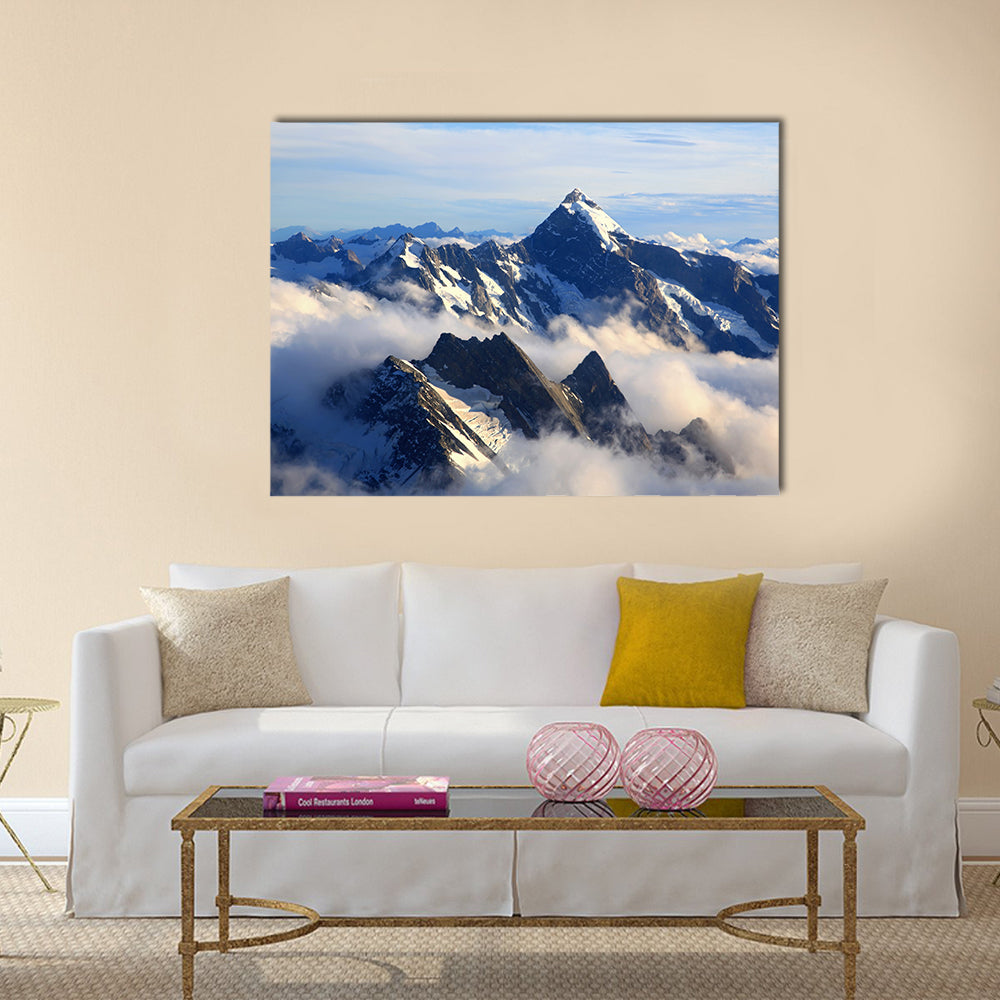 Landscape of Mountain Cook Peak with mist from Helicopter Multi panel canvas wall art