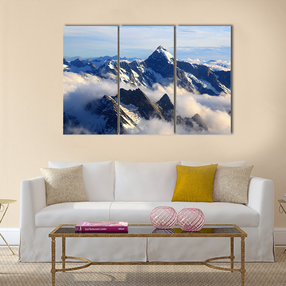 Landscape of Mountain Cook Peak with mist from Helicopter Multi panel canvas wall art