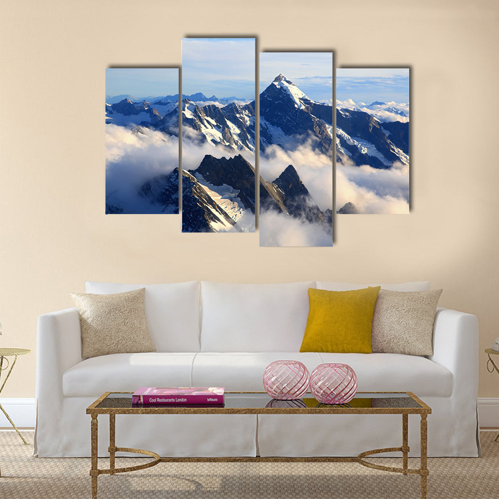 Landscape of Mountain Cook Peak with mist from Helicopter Multi panel canvas wall art