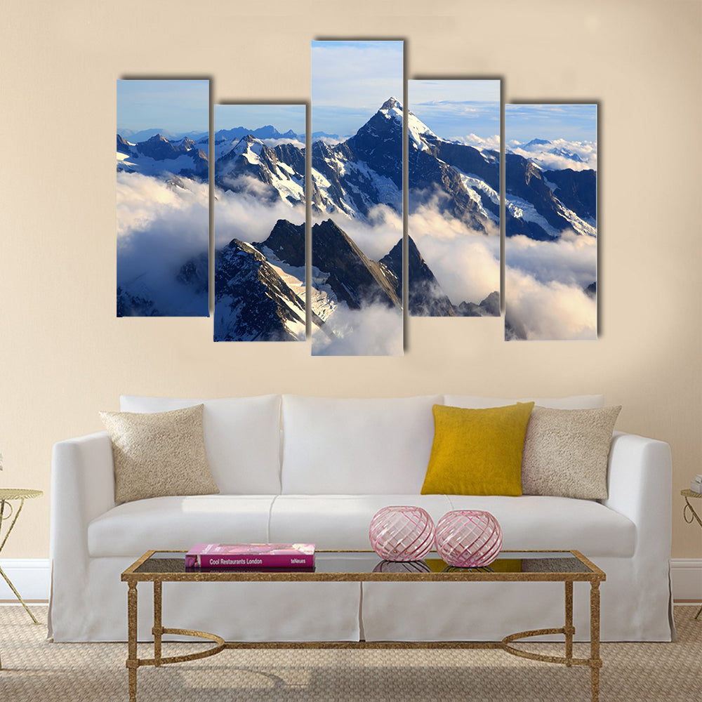 Landscape of Mountain Cook Peak with mist from Helicopter Multi panel canvas wall art