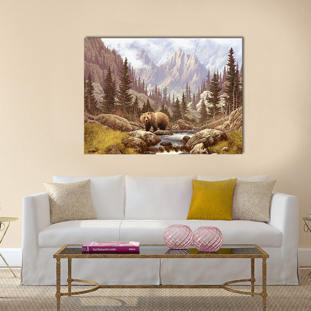 A landscape scene of a grizzly bear in the Rocky Mountains Multi Panel Canvas Wall Art