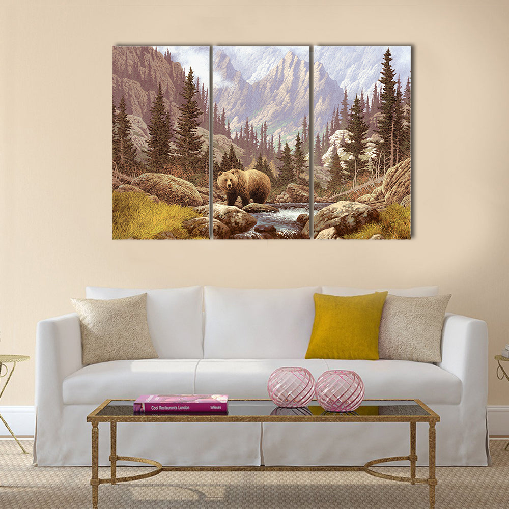 A landscape scene of a grizzly bear in the Rocky Mountains Multi Panel Canvas Wall Art