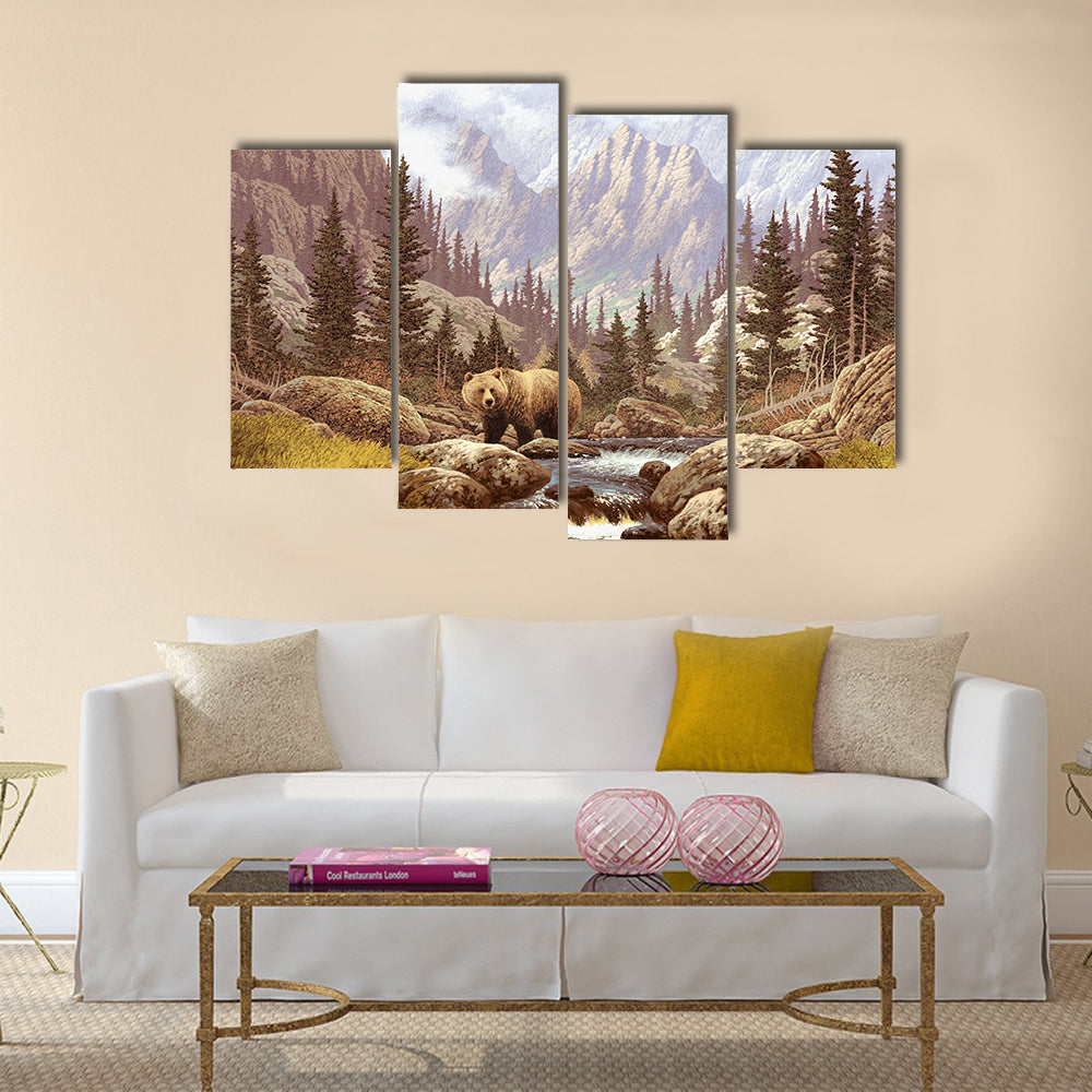 A landscape scene of a grizzly bear in the Rocky Mountains Multi Panel Canvas Wall Art