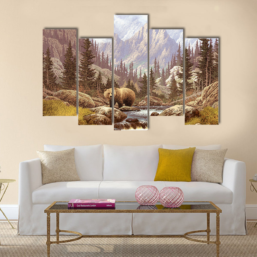 A landscape scene of a grizzly bear in the Rocky Mountains Multi Panel Canvas Wall Art