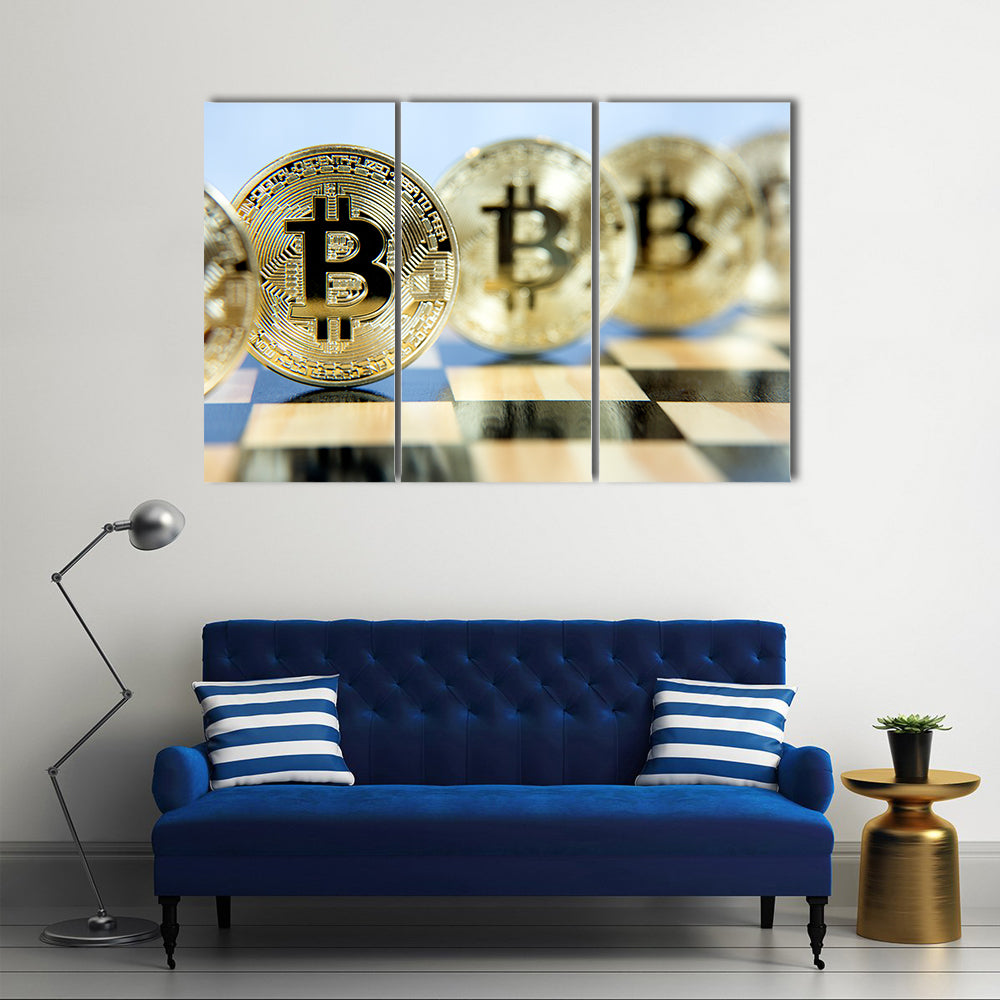 bitcoins in the queue on the chessboard multi panel canvas wall art