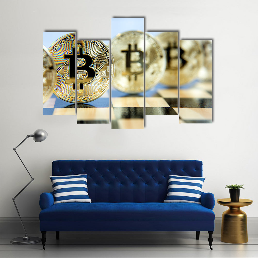 bitcoins in the queue on the chessboard multi panel canvas wall art