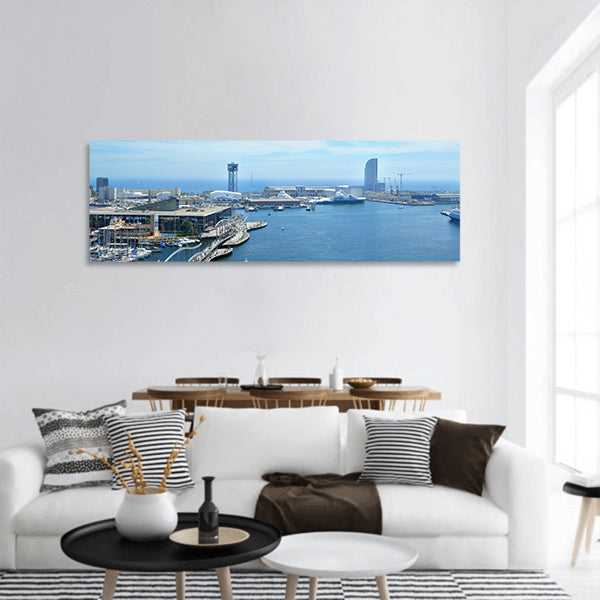 Port Vell and Maremagnum in Barcelona, Spain panoramic canvas wall art
